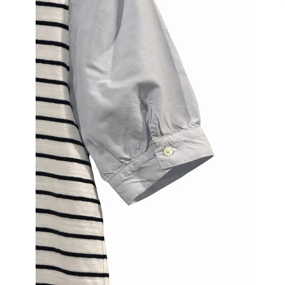 LOFT Blue & White Striped V-Nexk Top Cotton Womens MP Preppy Coastal Puff Sleeve